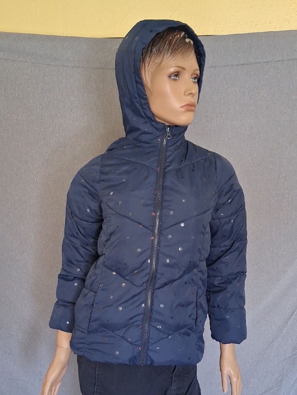 Swiss Tech Navy Hooded Puffer with Metallic Dot Accents
